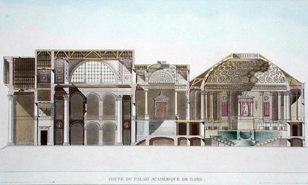 Dwarsdoorsnede van het Palais Academique in Gent, uit Choix des Monuments, Edifices et Maisons les plus remarquables du Royaume des Pays-Bas door Pierre Jacques Goetghebuer, gegraveerd door L. Roelandt door Pierre Jacques after Goetghebuer