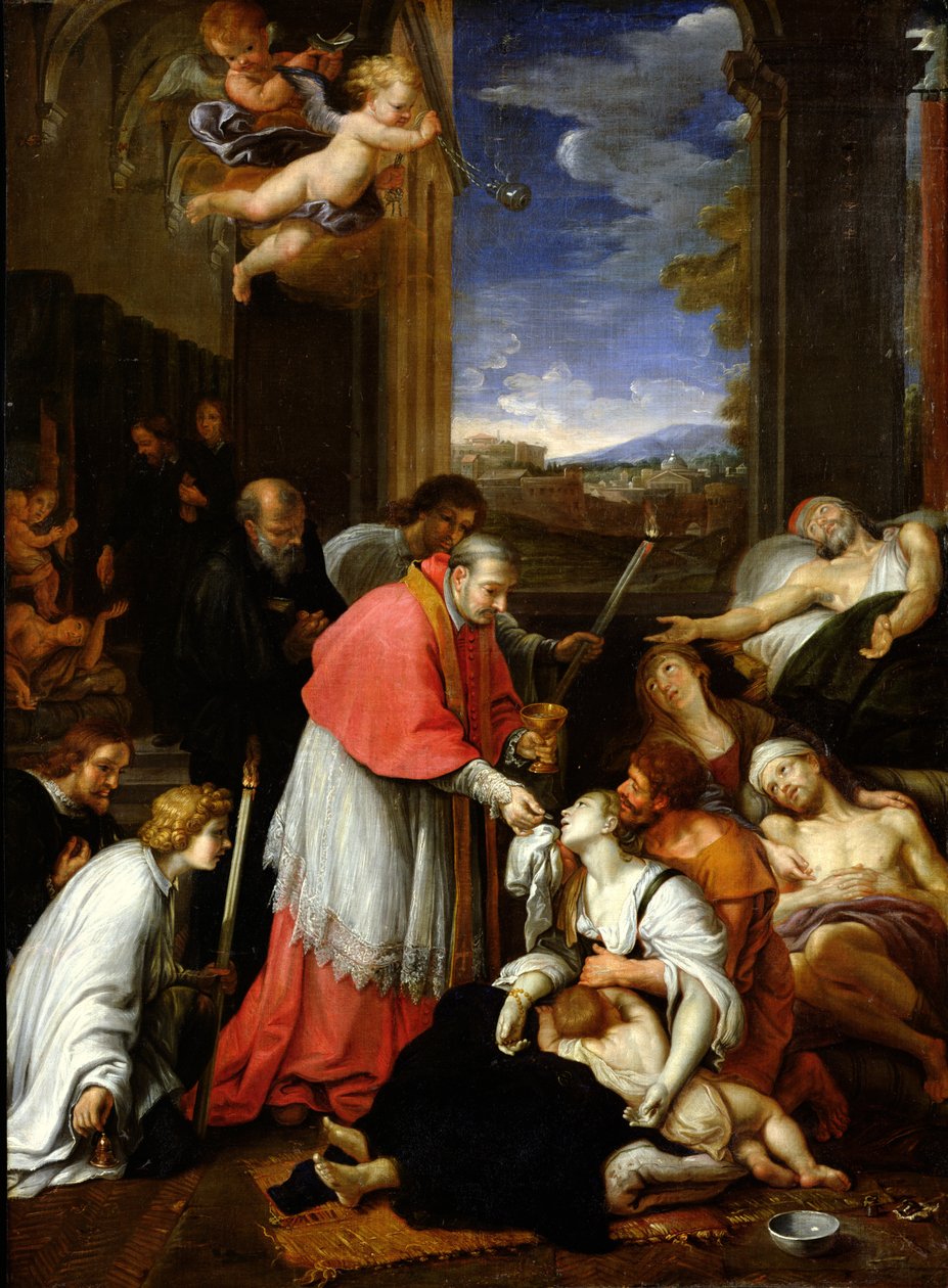 St. Charles Borromeo (1538-84) dient het sacrament toe aan pestslachtoffers in Milaan in 1576 door Pierre Mignard