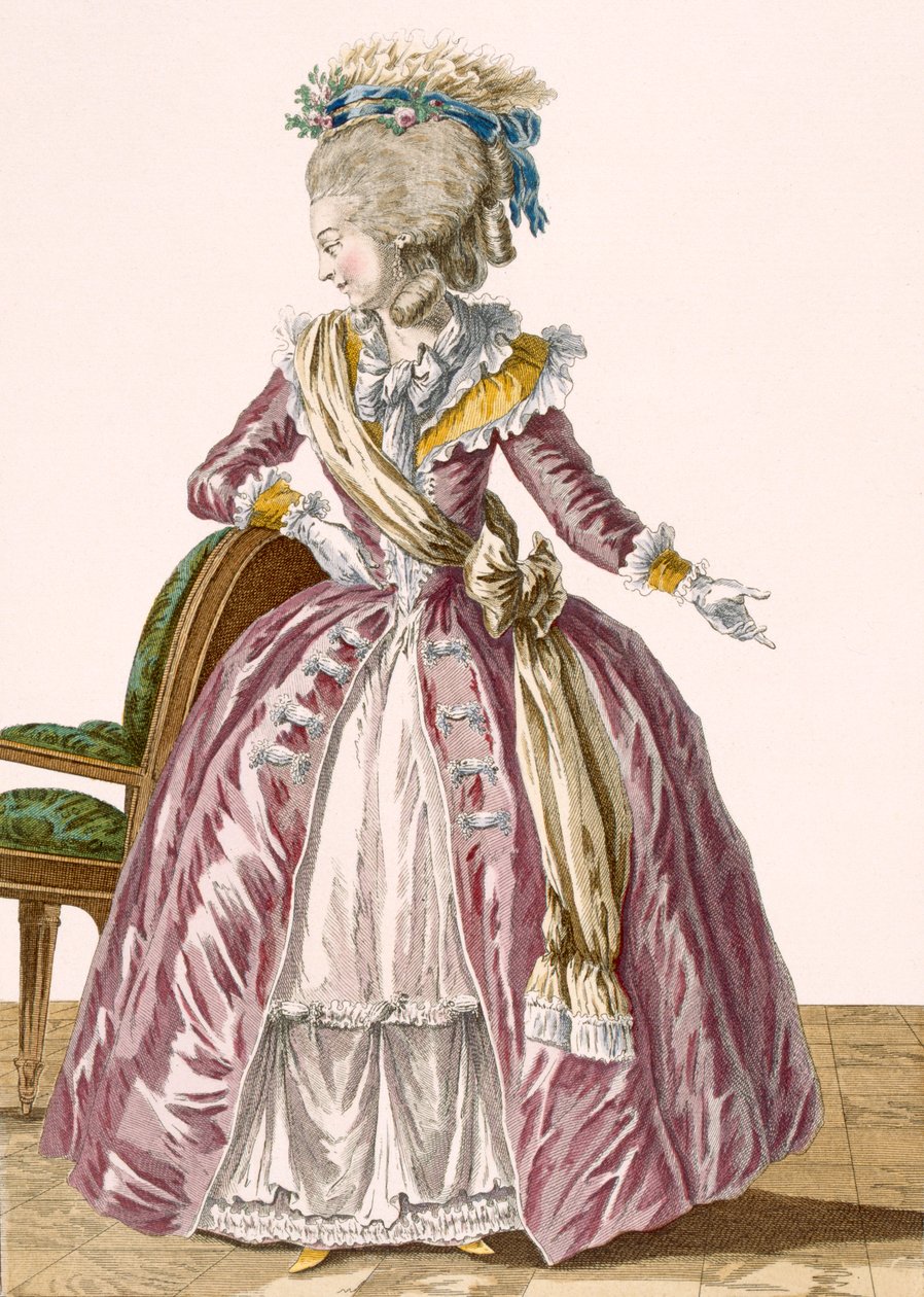Dames bordeaux jurk met witte onderrok, gegraveerd door Dupin, plaat nr.166 uit 