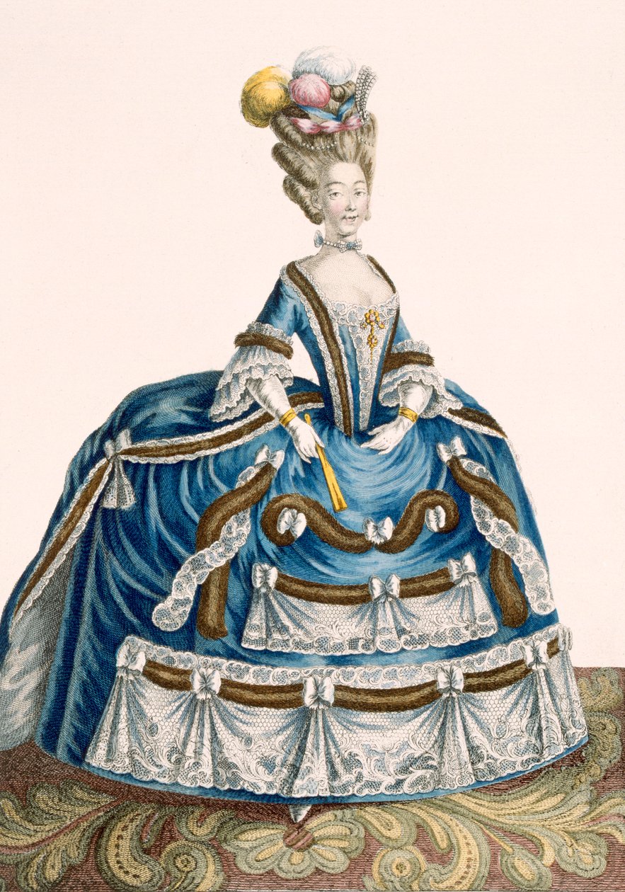 Dames uitgebreide hofjurk, versierd met guirlandes en kant, gegraveerd door Voysard, plaat nr. 46 uit 
