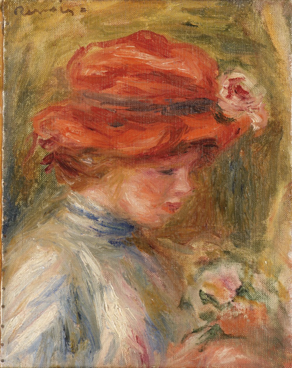 Jonge vrouw met rode hoed door Pierre Auguste Renoir
