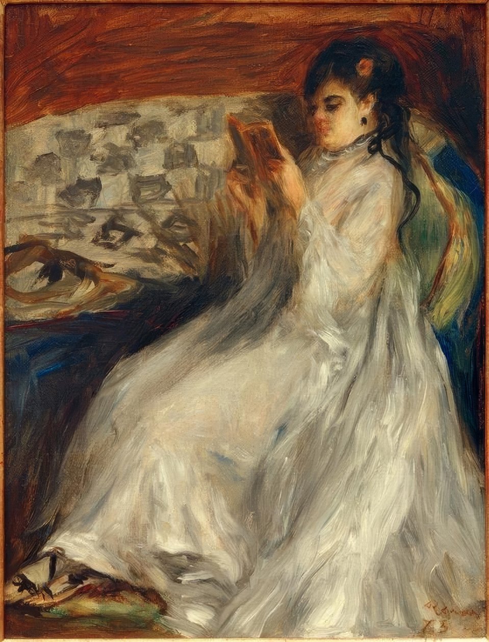 Lezende jonge vrouw in wit door Pierre Auguste Renoir