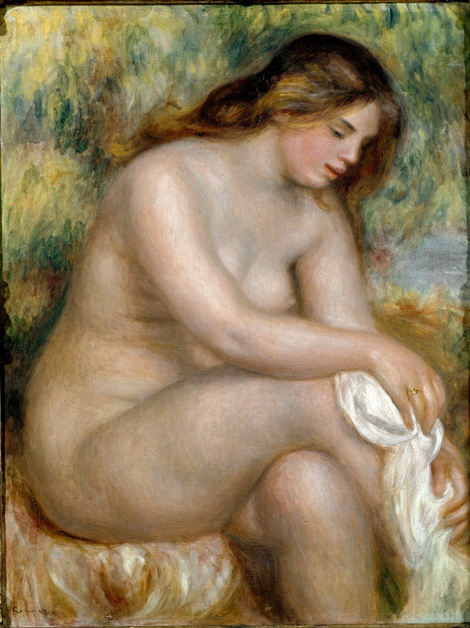 Naakte zittende (bader die haar been afveegt) door Pierre Auguste Renoir