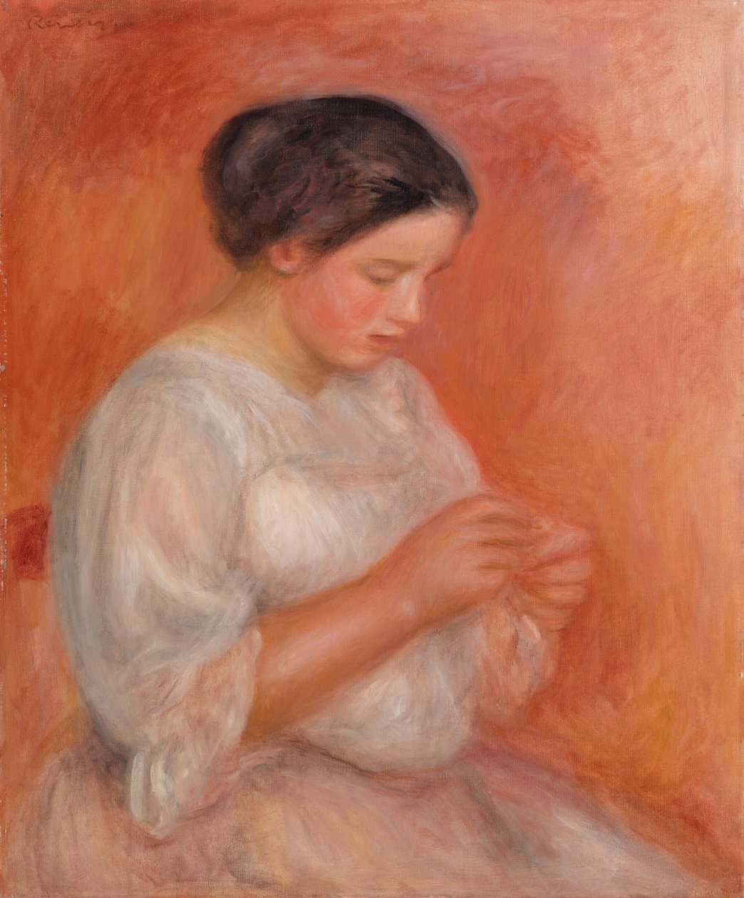 Vrouw die Naait door Pierre Auguste Renoir