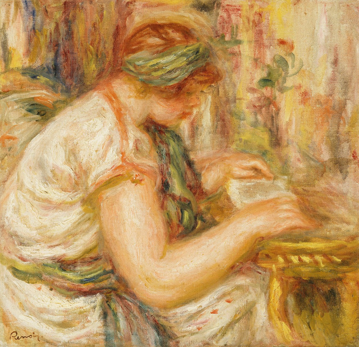 Vrouw in een Arabische blouse die leest door Pierre Auguste Renoir