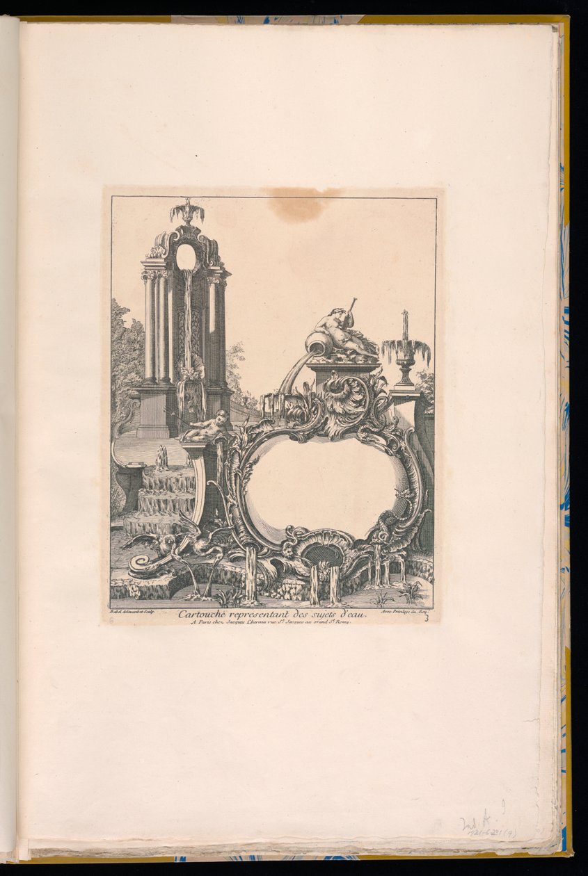 Cartouche omgeven door fonteinen door Pierre Edme Babel
