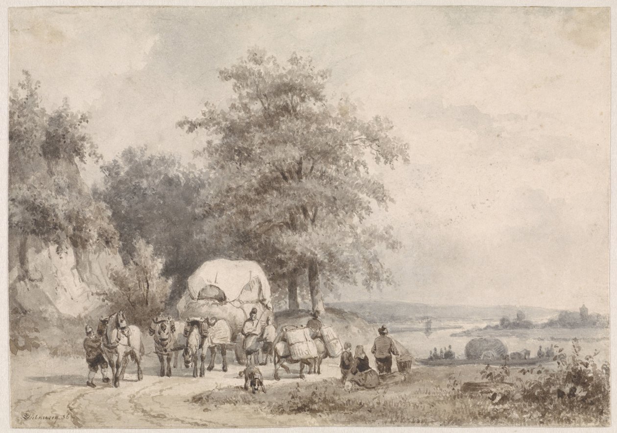Landschap met hooiwagen door Pierre Louis Dubourcq