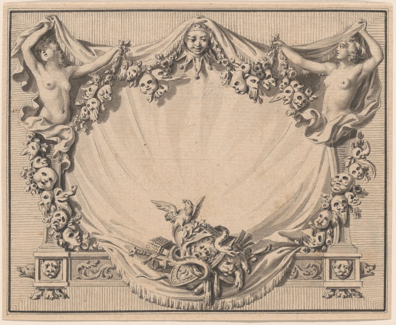 Een cartouche met theatermaskers door Pierre Philippe Choffard