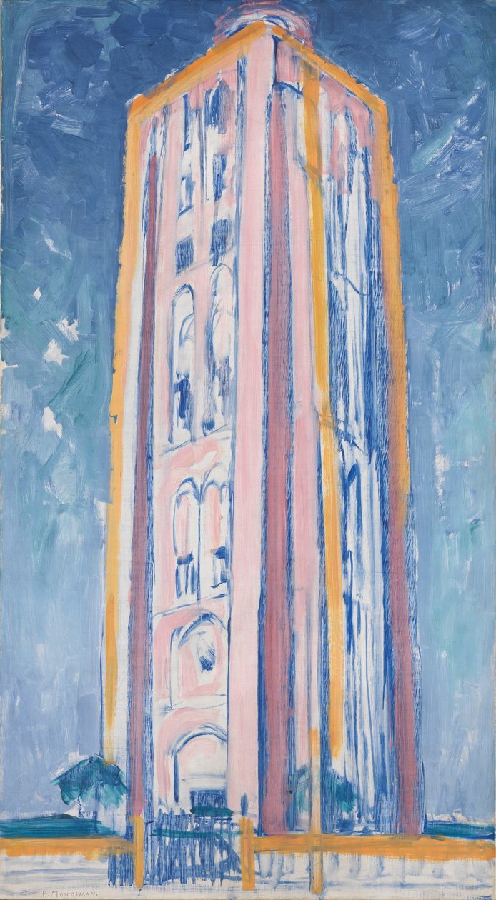 Vuurtoren bij Westkapelle in oranje, roze, paars en blauw, ca. 1910 door Piet Mondrian