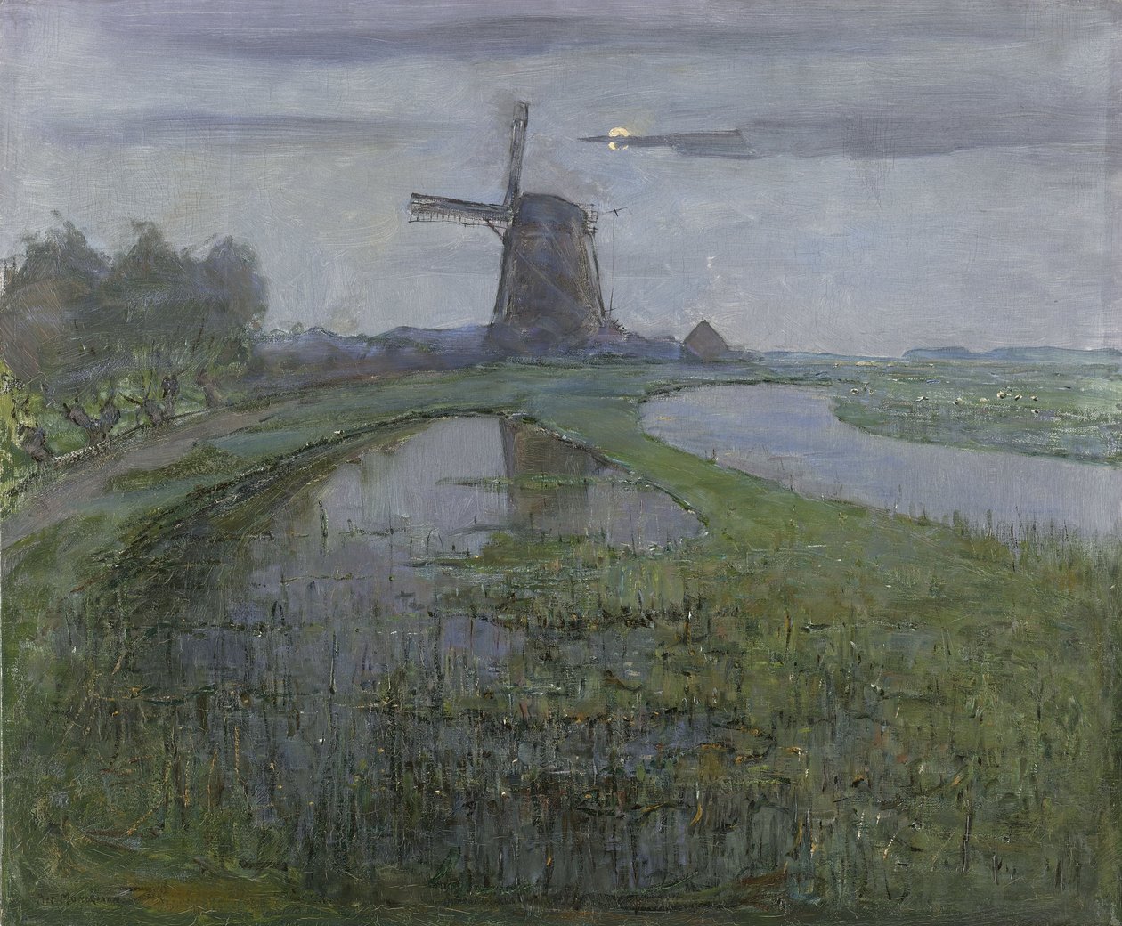 Oostzijdse Molen langs de Gein bij Maanlicht door Piet Mondrian
