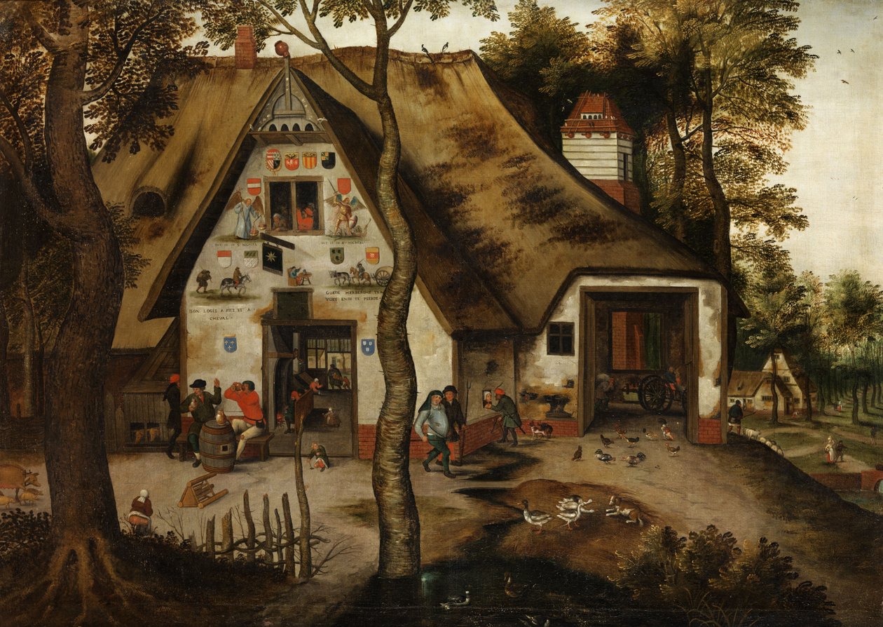 Dorpsscène met een taverne in St. Michael door Pieter Brueghel the Younger