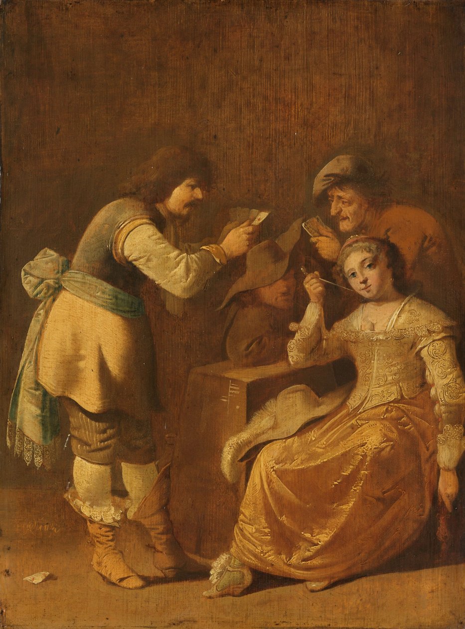 Kaartspelers met vrouw die een pijp rookt door Pieter Jansz. Quast