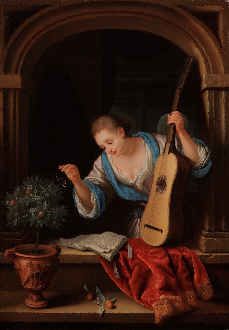Een jonge vrouw met een gitaar in een vensternis door Pieter Leermans