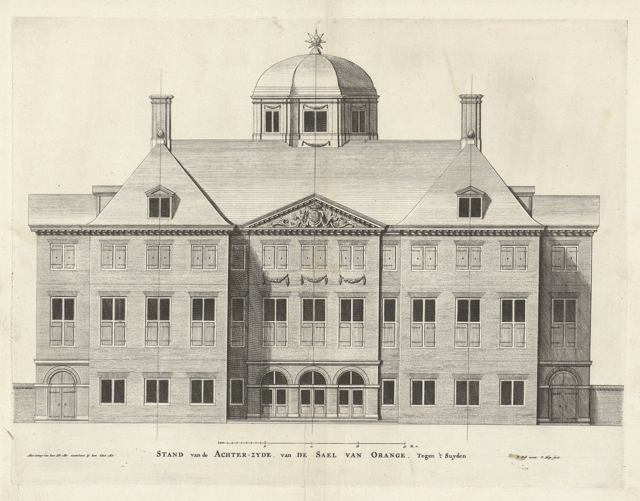 Achterzijde Paleis Huis ten Bosch, Holland, Pieter Nolpe naar Pieter Jansz. Post, ets 294 mm × 387 mm, 1655 door Pieter Nolpe