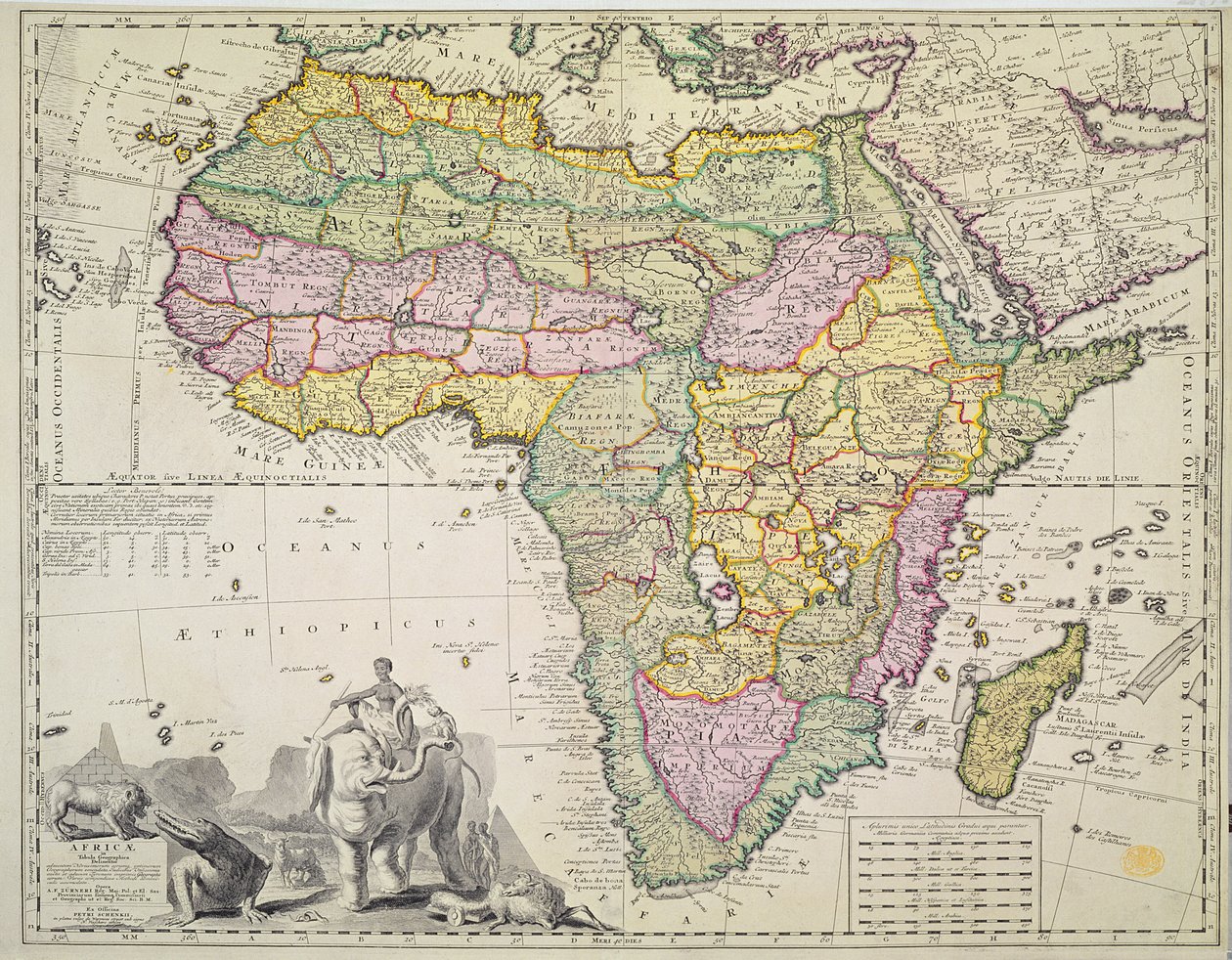 Kaart van Afrika (handgekleurde gravure) door Pieter Schenk