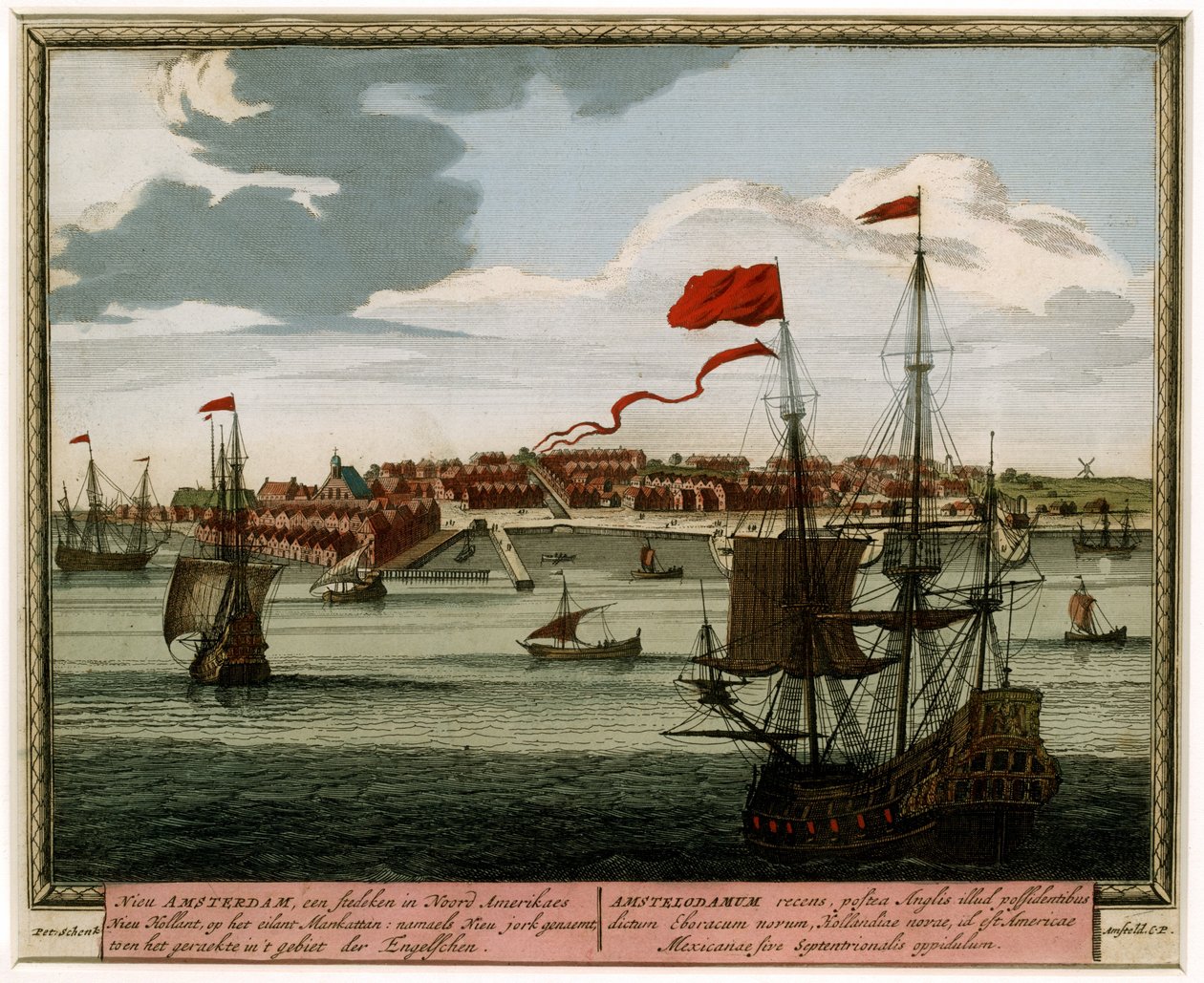 Nieuw Amsterdam vanaf het water, 1702 door Pieter Schenk
