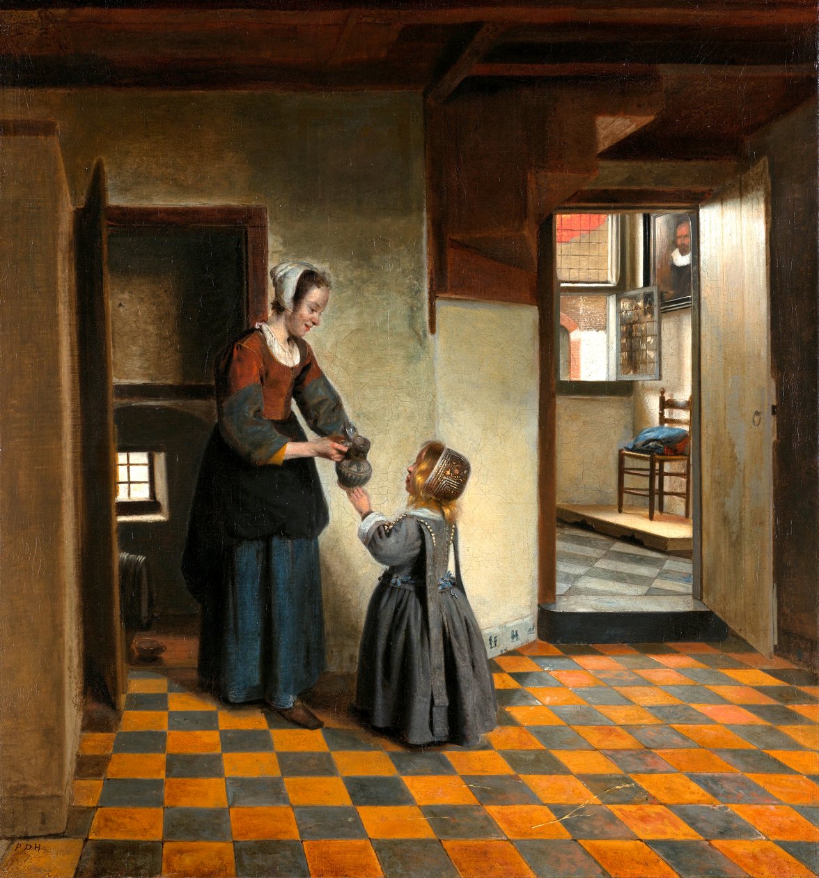 Een vrouw met een kind in een voorraadkast door Pieter de Hooch