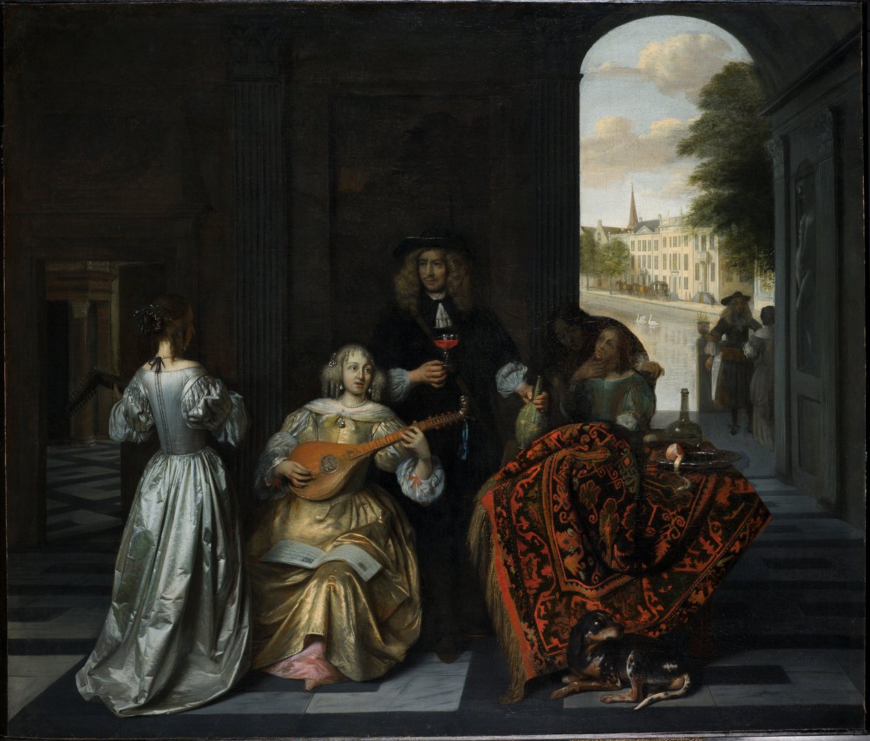 Muzikaal gezelschap in een voornaam interieur door Pieter de Hooch