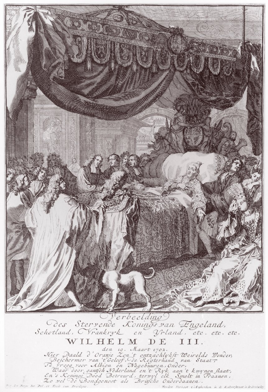 Willem III (1650-1702) op zijn sterfbed, gegraveerd door de kunstenaar door Pieter van den Berge