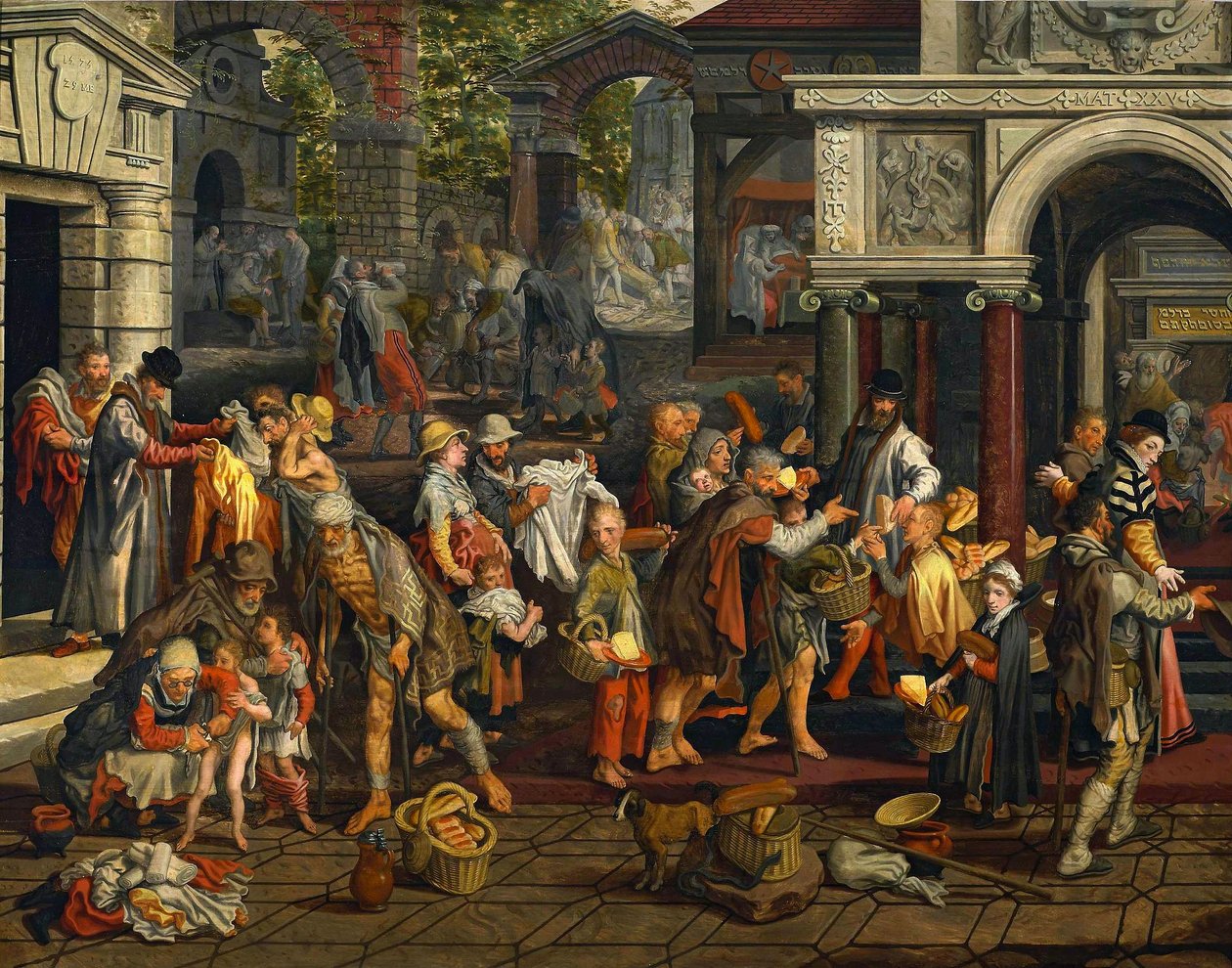 Christelijke daden van barmhartigheid (Matteüs 25:35-36) door Pieter Aertsen