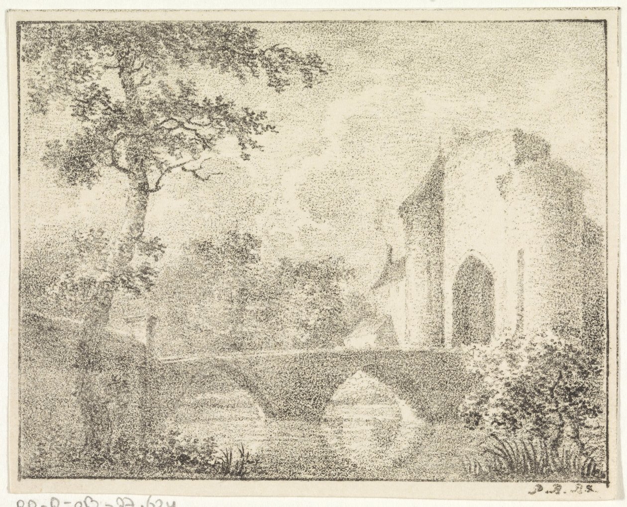 Kasteel met brug in een landschap door Pieter Bartholomeusz. Barbiers