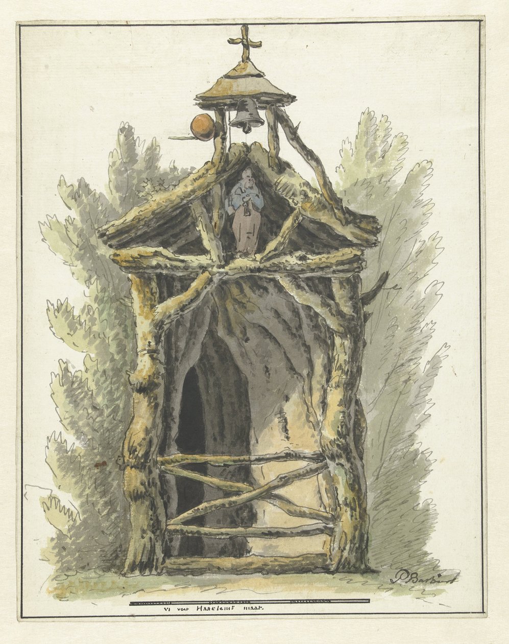Kluizenaarshut met heiligenbeeld door Pieter Bartholomeusz. Barbiers