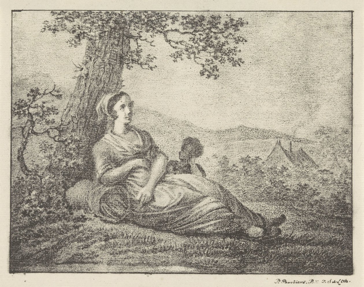 Rustende vrouw bij boom door Pieter Bartholomeusz. Barbiers