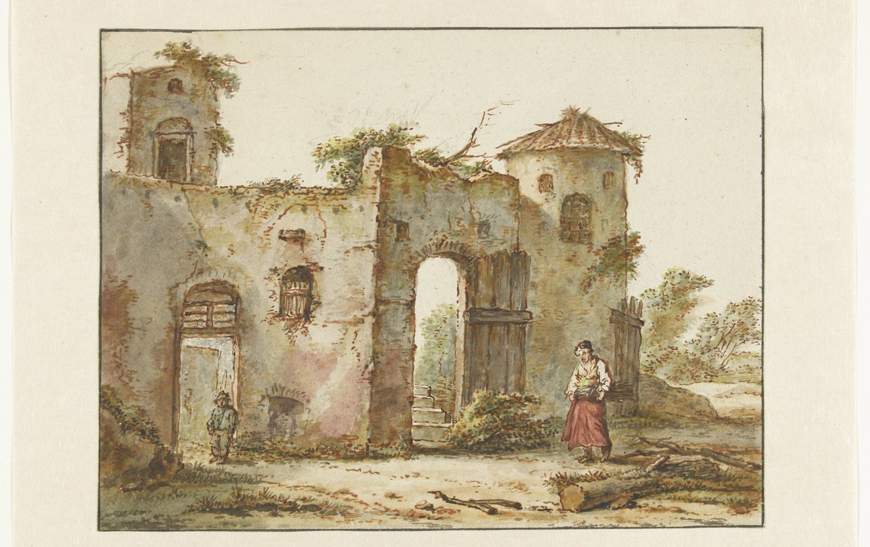 Vervallen gebouw met rechts een houtsprokkelaarster door Pieter Bartholomeusz. Barbiers