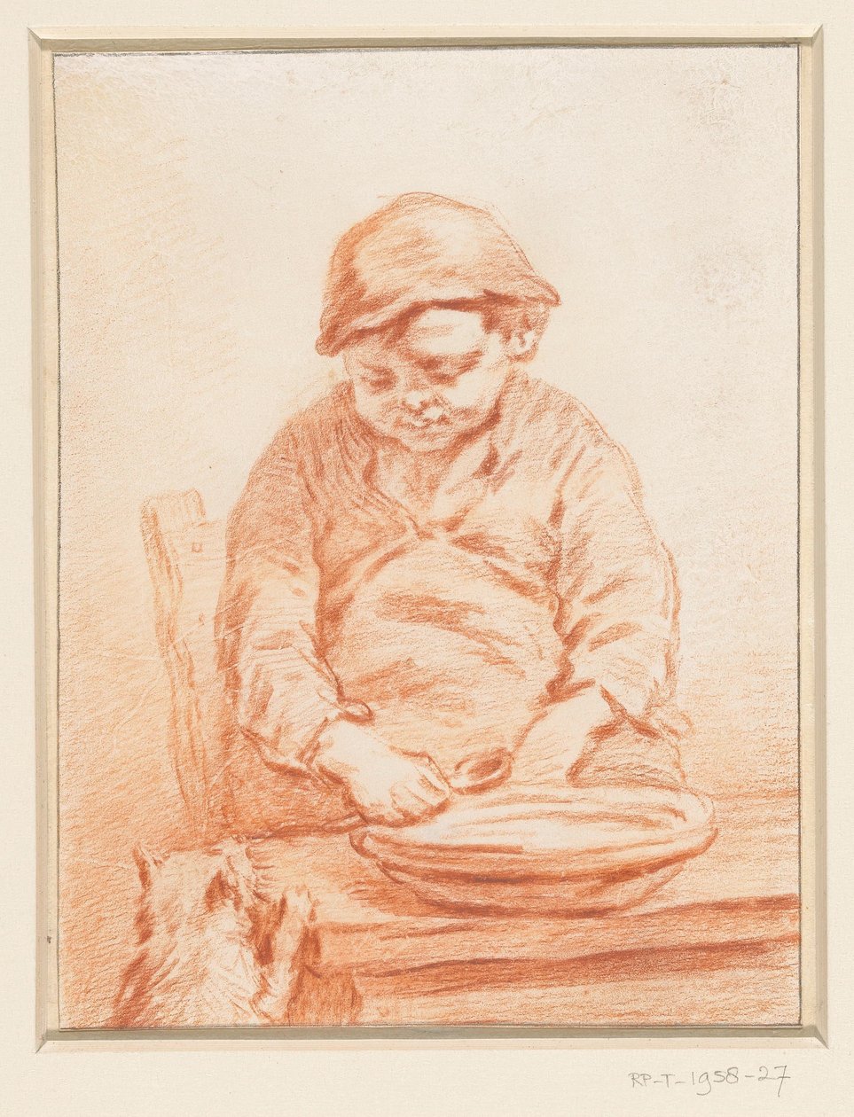 Pap etende jongen, met poes door Pieter Christoffel Wonder