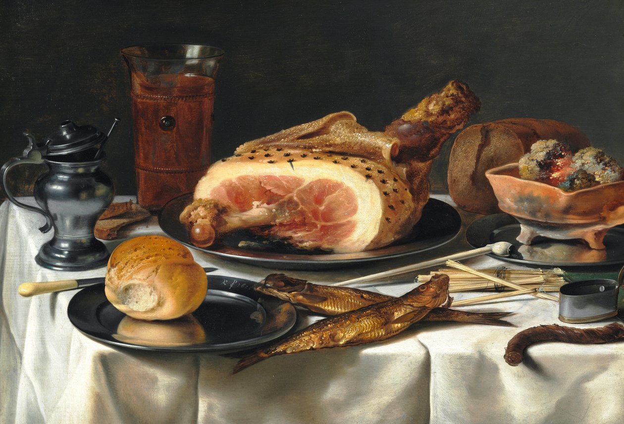 Stilleven met ham, 1625 door Pieter Claesz