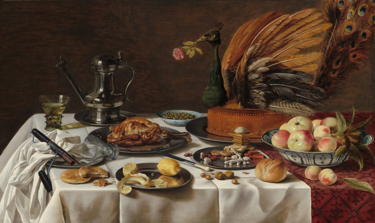 Stilleven met Pauwentaart door Pieter Claesz