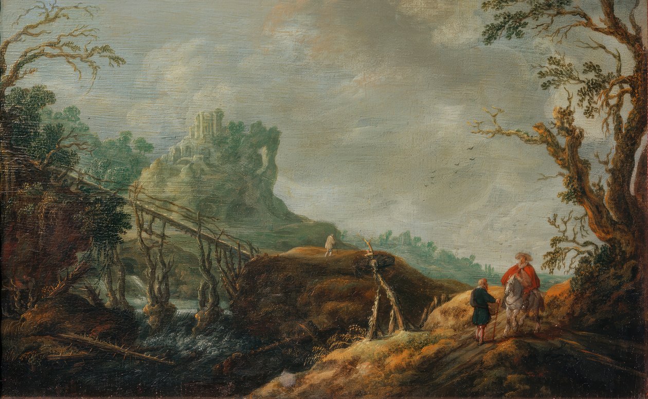 Rivierlandschap met houten brug en ruïne door Pieter Jansz van Asch