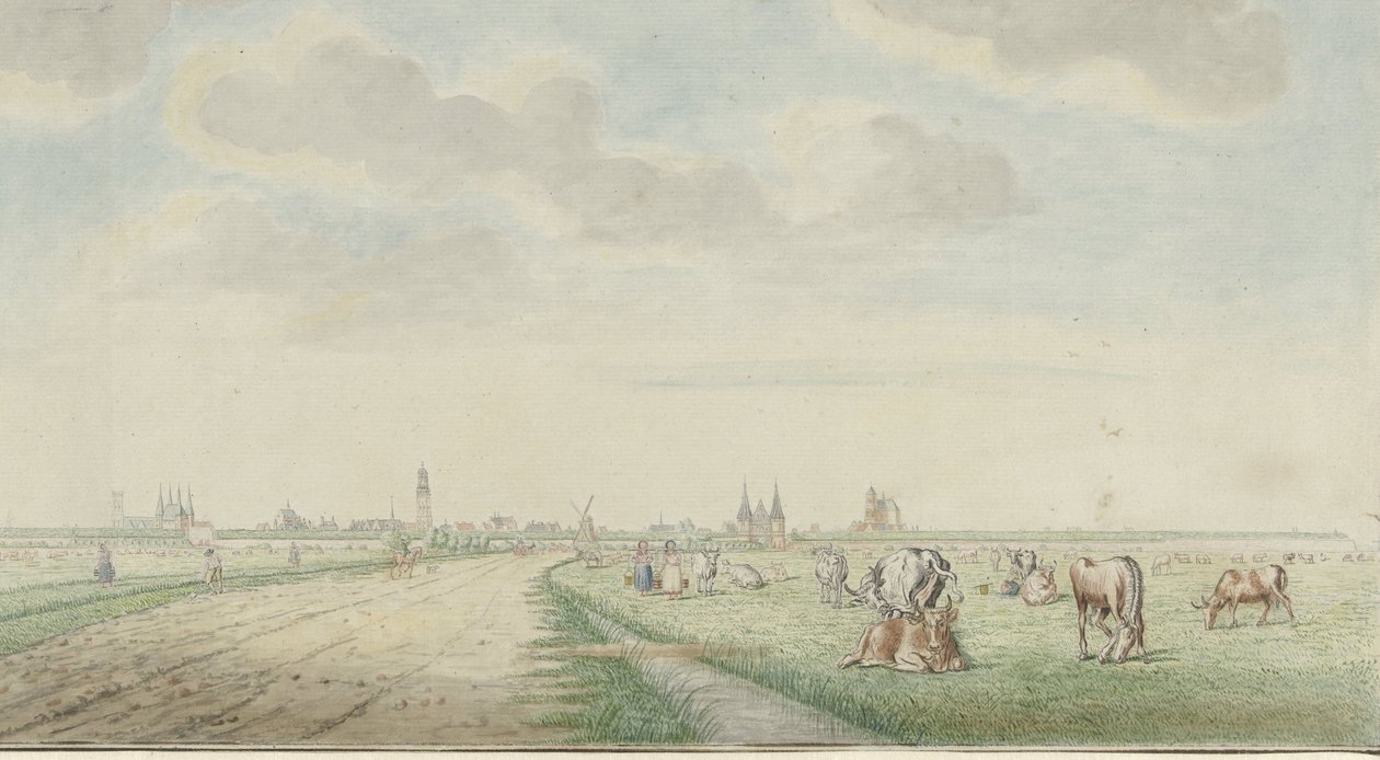 Gezicht op Kampen van de landzijde door Pieter Remmers