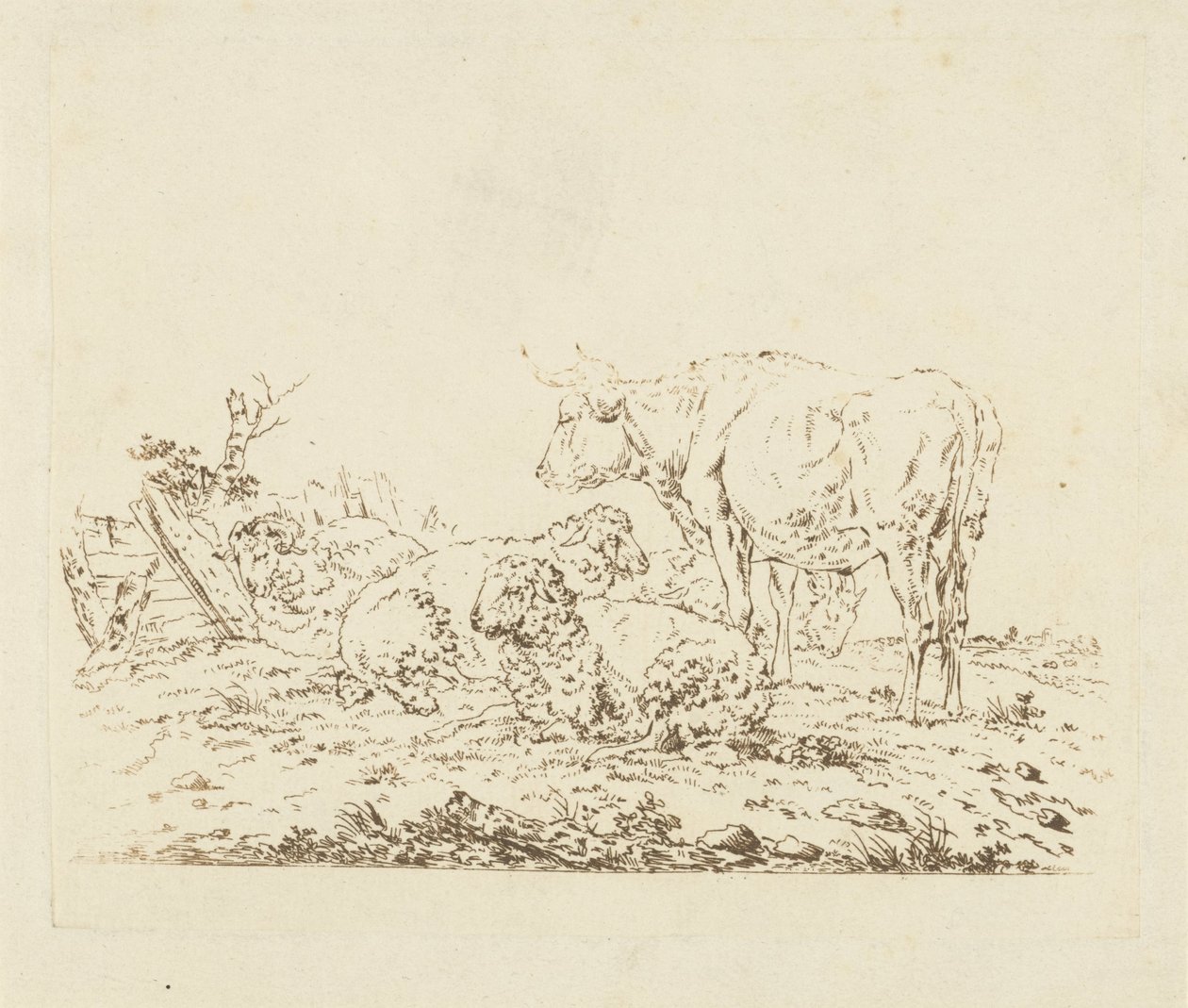 Weiland met koe en schapen door Pieter Roosing