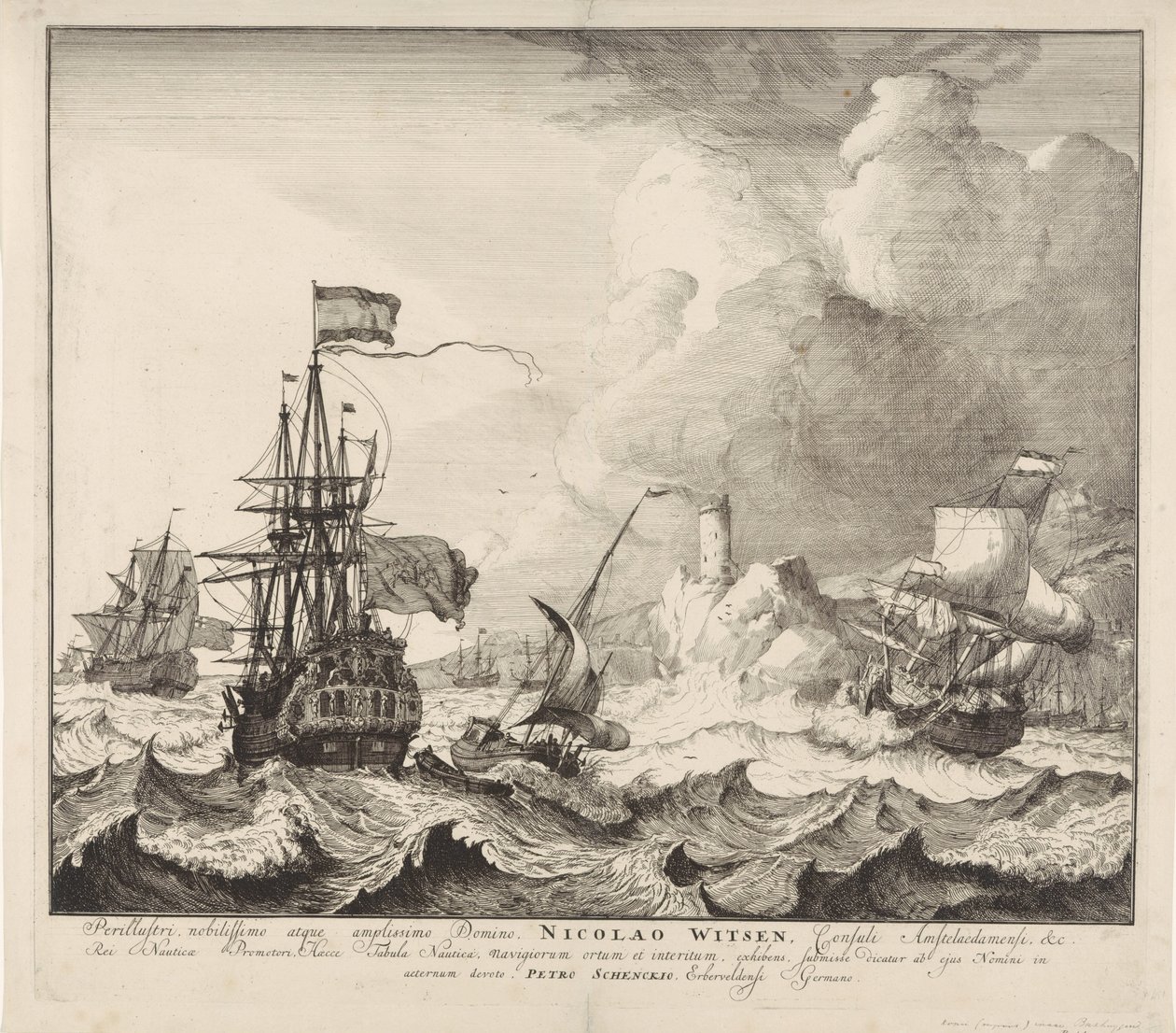 Schepen bij storm door Pieter Schenk (I)