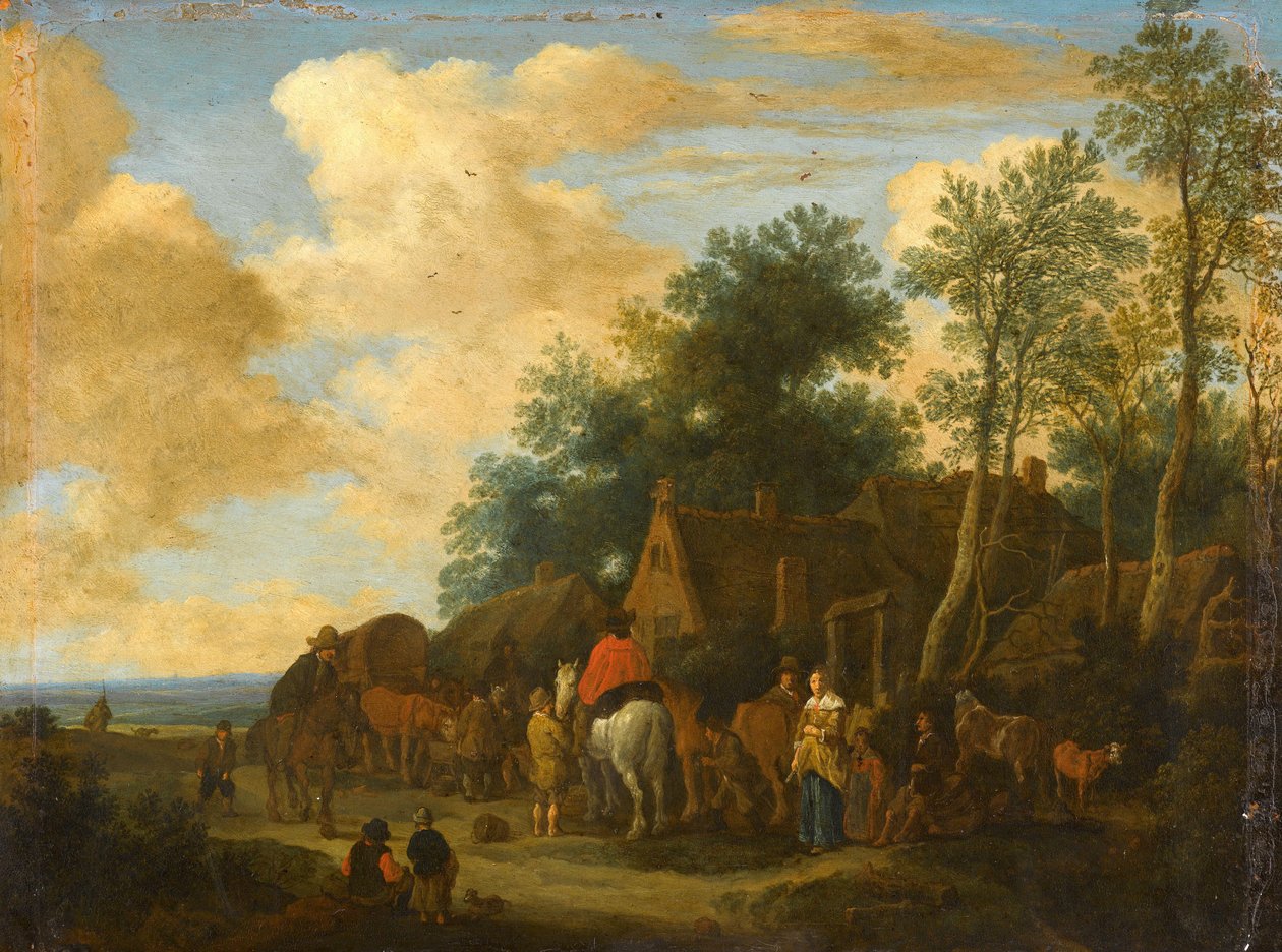 Stoppen bij een herberg langs de weg door Pieter de Molijn