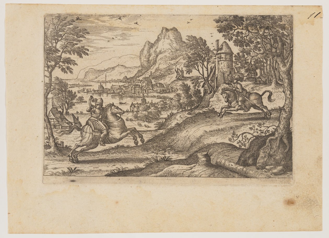Twee ruiters en herder door Pieter van der Borcht