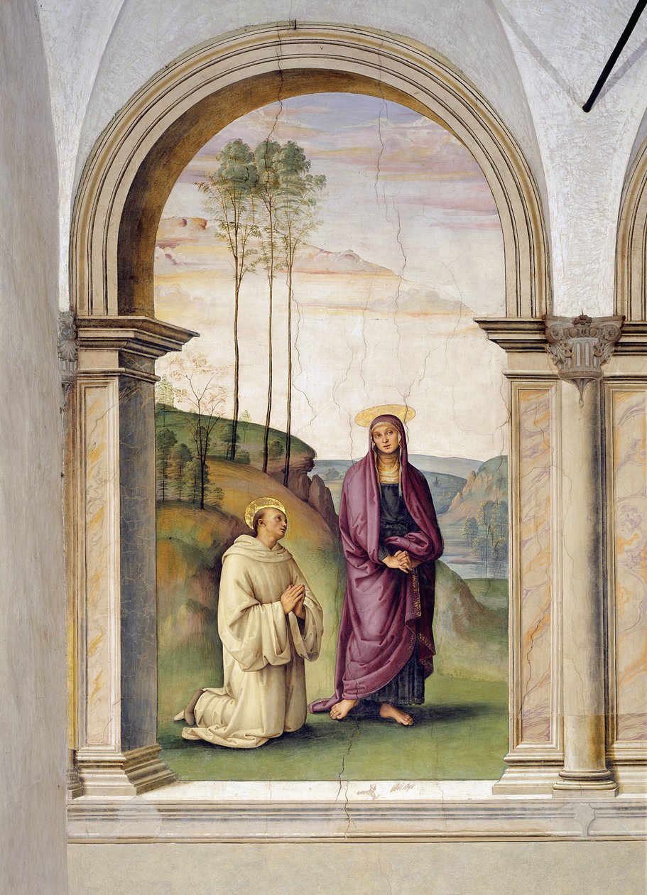 De Kruisiging, detail van St. Bernardus en Maria Magdalena, 1494-96 (detail) door Pietro Perugino