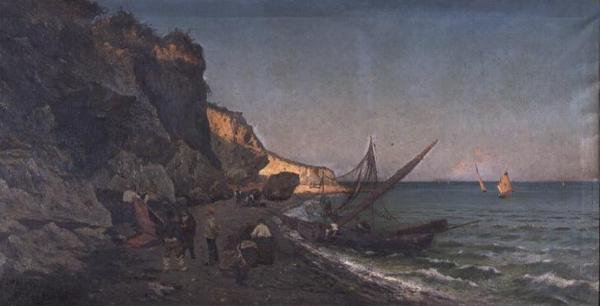 Vissers in een baai bij zonsondergang door Pietro Barucci