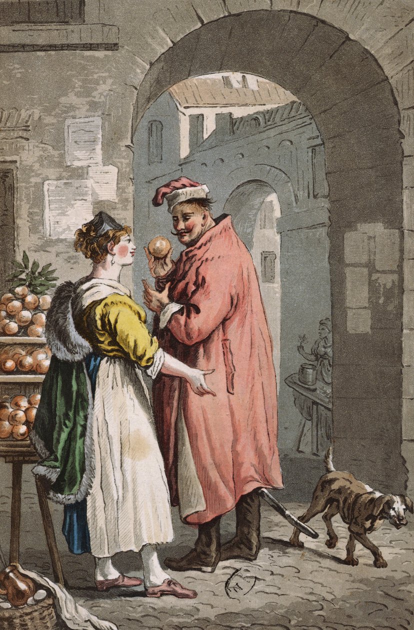 Sinaasappelverkoper in Warschau, ca. 1810 (gekleurde gravure) door Polish School