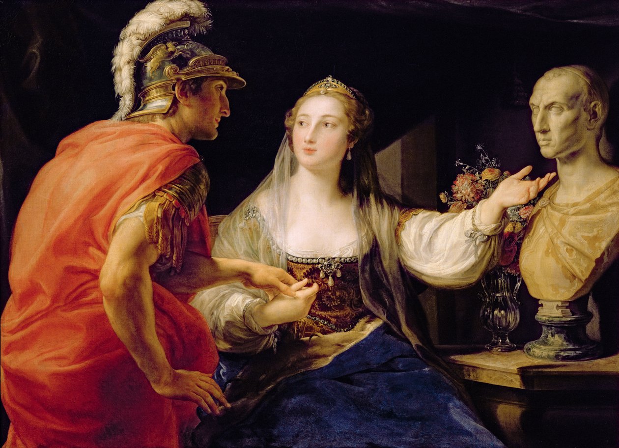 Cleopatra toont Octavius de buste van Julius Caesar door Pompeo Girolamo Batoni