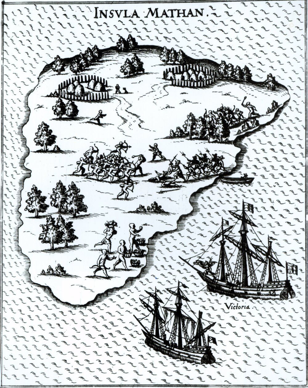 Ferdinand Magellaan (ca.1480-1521) vecht met inboorlingen op het eiland Mactan in 1521 door Portuguese School
