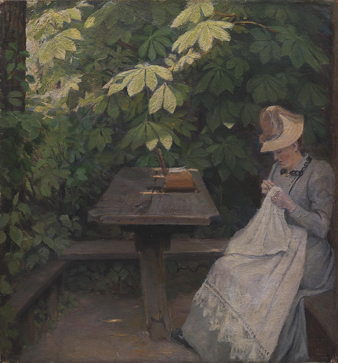 Een zomers geklede dame in een prieel door Poul S. Christiansen