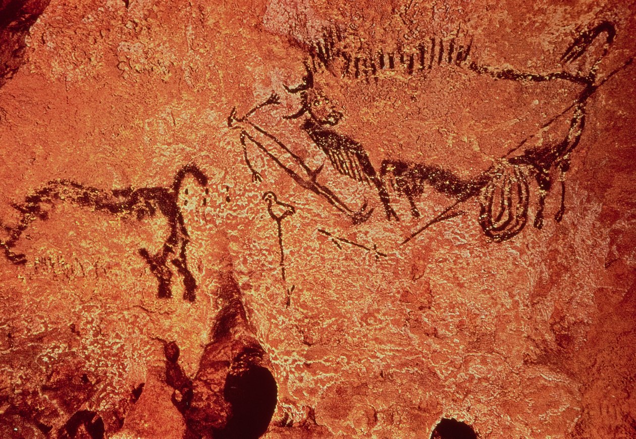 Rotsschildering van een jachtscène, c.17000 v.Chr. (grotschildering) door Prehistoric