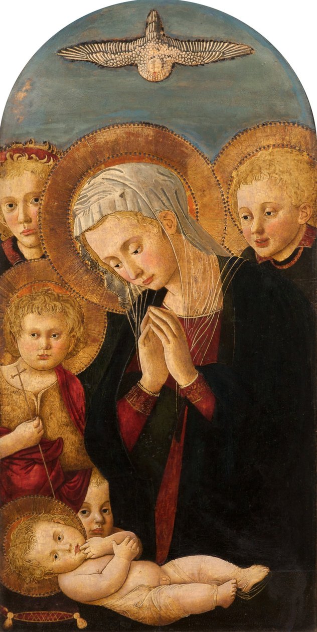 Madonna die het Christuskind aanbidt, met Johannes de Doper en Engelen, ca. 1480-1500 door Pier Francesco Fiorentino