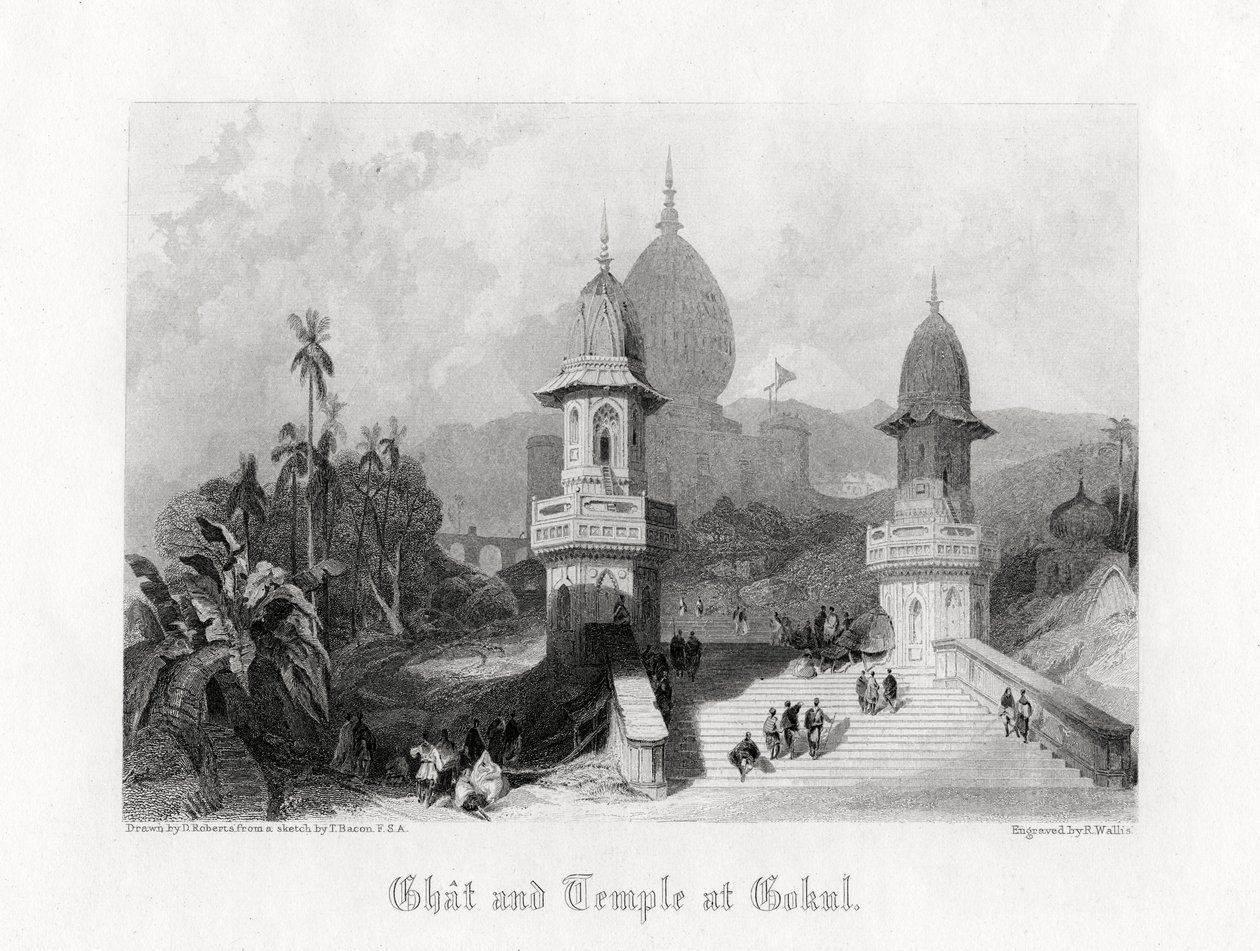Ghat en Tempel in Gokul, India, ca. 1838 door R. Wallis