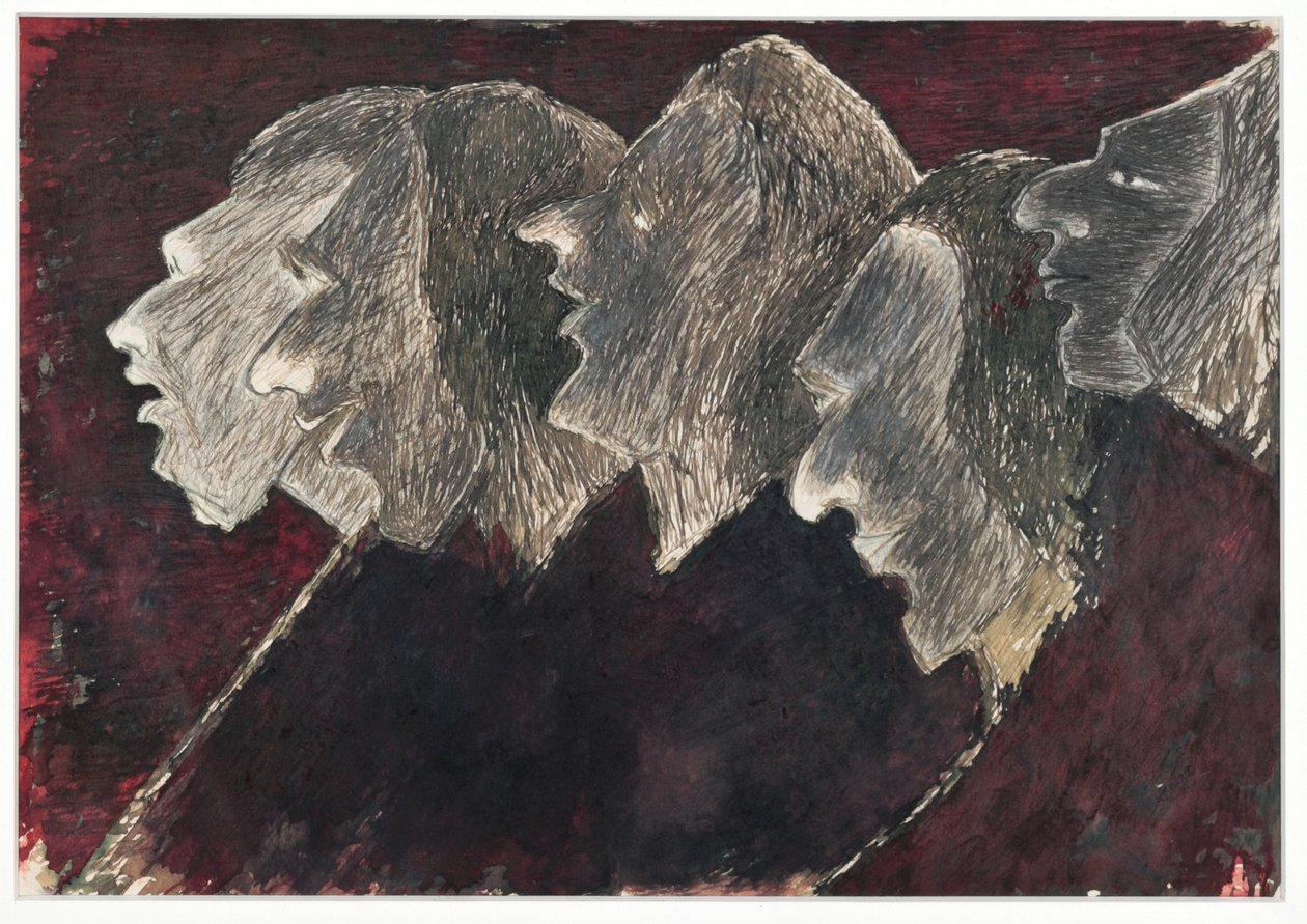 Vijf overlappende profielen (inkt op papier) door Rabindranath Tagore