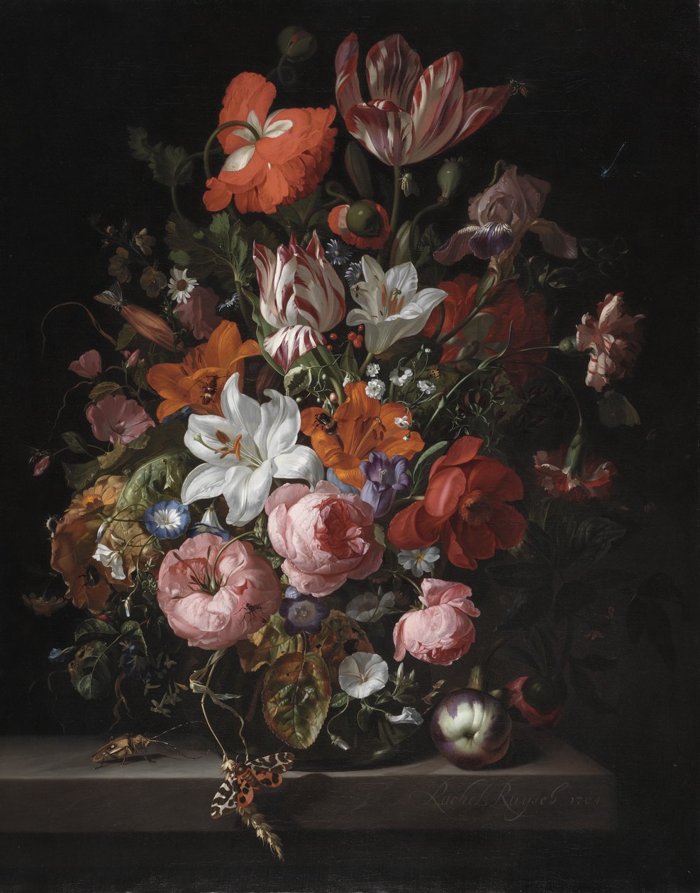 Bloemen in een glazen vaas, 1704 door Rachel Ruysch