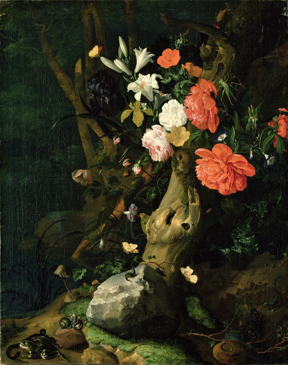 Stilleven van bloemen op bosgrond door Rachel Ruysch