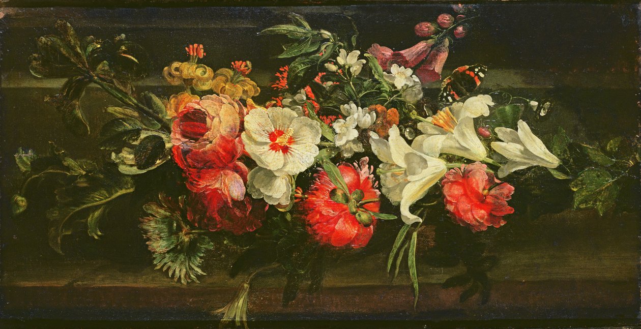 Stilleven met rozen, lelies en andere bloemen door Rachel Ruysch